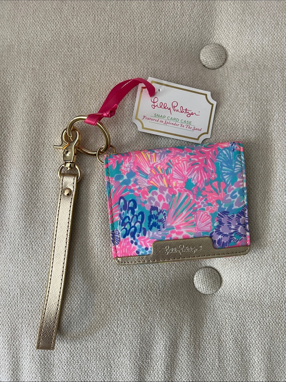 Lilly Pulitzer Pink Multi Floral Wristlet Card Case with Gold Accent